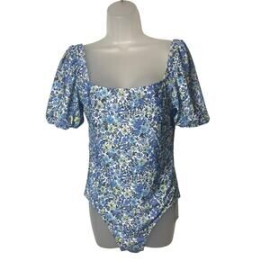 Marina West Blue Yellow Green Floral Puff Sleeve One-Piece Swimsuit Size Large